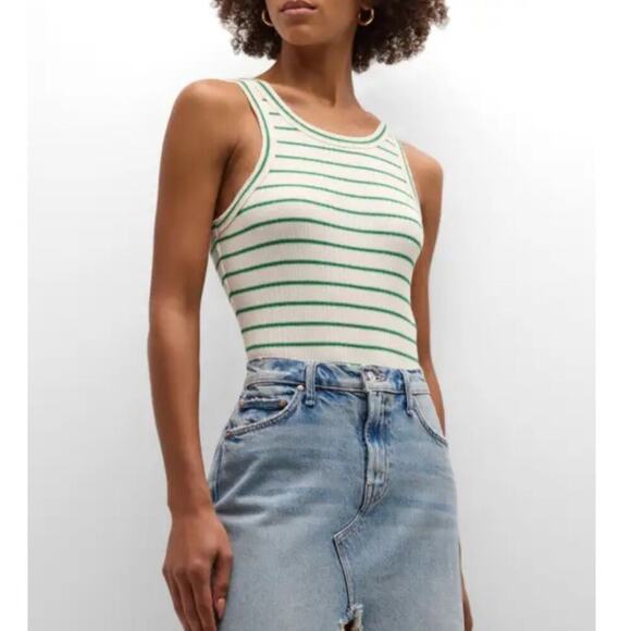 MOTHER The Chin Ups High Road Striped Green & White Bodysuit Women's Size S - Picture 1 of 8
